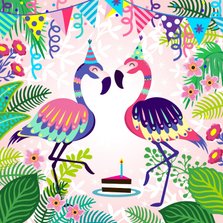 Vrolijke verjaardagskaart met flamingos en planten