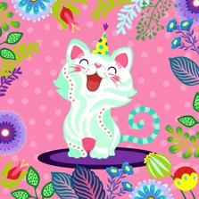 Vrolijke verjaardagskaart met kat en bloemen