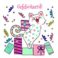 Vrolijke verjaardagskaart met kat met cadeau