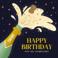 Vrolijke verjaardagskaart met knallende champagnefles blauw