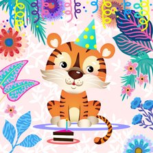 Vrolijke verjaardagskaart met tijger, bloemen en taart