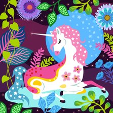 Vrolijke verjaardagskaart met unicorn, sterren en planten