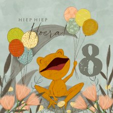 Vrolijke verjaardagskaart voor kind met kikker en ballonnen