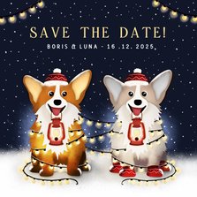 Winterse Save the Date kaart met 2 corgi honden en lampjes