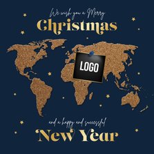Zakelijke kerstkaart wereldkaart kurk sterren logo