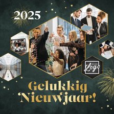 Zakelijke nieuwjaarskaart fotocollage vuurwerk sterren goud