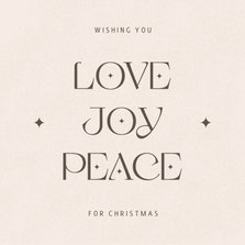 Zandkleurige kerstkaart love joy peace