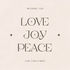 Zandkleurige kerstkaart love joy peace