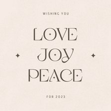Zandkleurige nieuwjaarskaart love joy peace