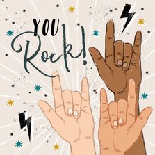Zomaarkaart 'You Rock' met handgebaren, sterren en bliksem