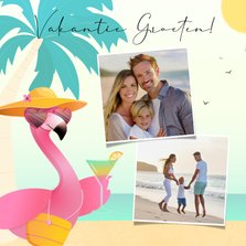 Zonnige vakantiekaart met foto's strand flamingo en palmboom