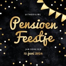 Zwarte uitnodiging pensioen feest met gouden vlaggetjes