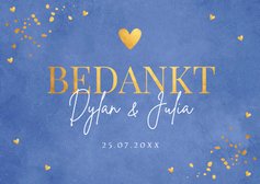 Bedankkaart bruiloft blauw goudlook confetti hartje