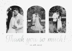 Bedankkaart bruiloft stijlvol klassiek zilver foto hartjes