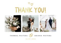 Bedankkaartje bruiloft fotocollage goud hartjes foto's
