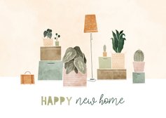 Felicitatiekaart met plantjes en verhuisdozen happy new home