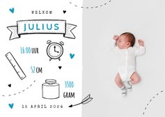 Hip geboortekaartje met doodle illustraties jongen foto