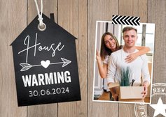 Housewarming uitnodiging label huis foto houtlook