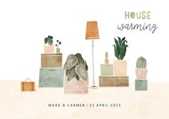 Housewarming uitnodiging met plantjes en verhuisdozen