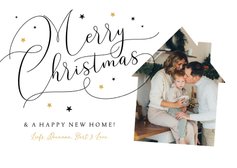 Kerst verhuiskaart stijlvol kalligrafie sterren goud huis