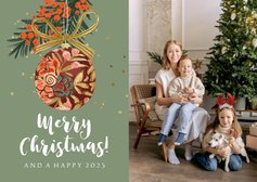 Kerstkaart illustratie kerstbal goud sterren kersttak foto