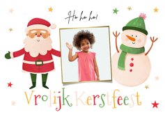 Kerstkaart vrolijk kerstfeest sneeuwpop kerstboom kerstman