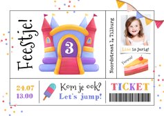 Kinderfeestje springkussen jump ticket taart foto confetti