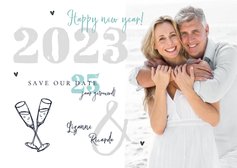 Nieuwjaarskaart 2023 save the date jubileum foto champagne