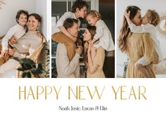 Nieuwjaarskaart fotocollage met goud happy new year