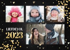 Nieuwjaarskaart met gouden confetti en 4 foto's