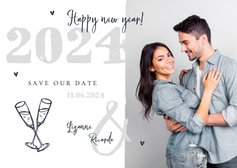 Nieuwjaarskaart zilver doodle champagne foto save the date