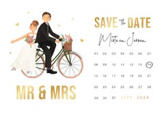 Save the date cartoon bruidspaar fiets kalender mr mrs 