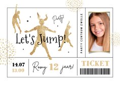 Uitnodiging jump party trampoline goud ticket foto