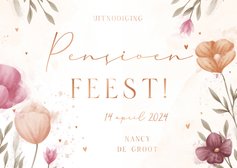 Uitnodiging pensioenfeest met bloemen met koperen hartjes