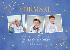 Uitnodiging vormsel jongen fotocollage blauw goudlook