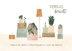 Verhuiskaart met plantjes en verhuisdozen verhuisbericht