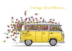 VW bus geel met bloemen