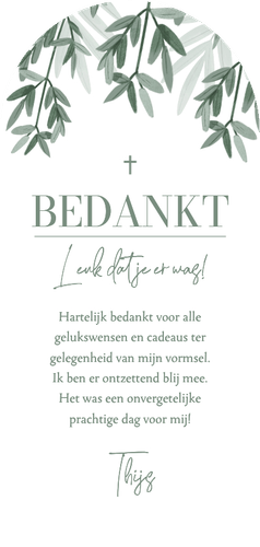 Bedankkaart vormsel takjes stijlvol boogkaart groen foto Achterkant