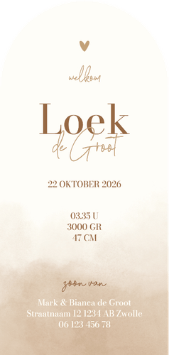 Beige geboortekaartje hertje boog met waterverf Achterkant