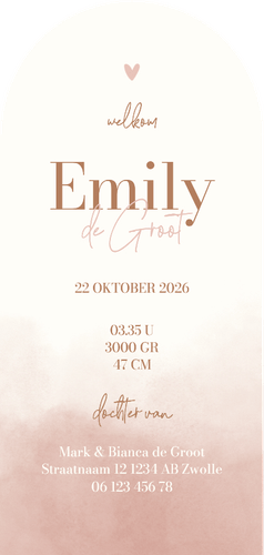 Boog geboortekaartje teddybeer met ballon roze waterverf Achterkant