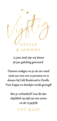 Boogkaart uitnodiging jubileumfeest 50 jaar trouwfoto liefde Achterkant
