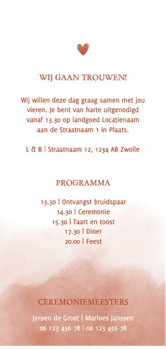 Boogvorm trouwkaart waterverf terra roze stijlvol Achterkant