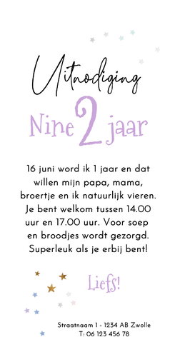 Boogvorm uitnodiging kinderfeestje 2 jaar regenboog Achterkant
