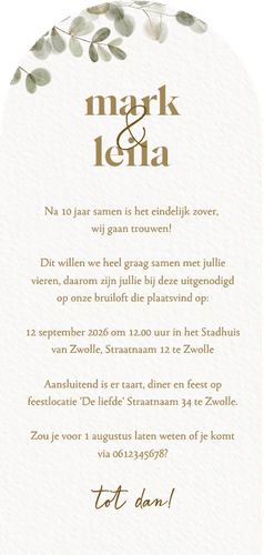 Botanische trouwkaart waterverf eucalyptus takjes Achterkant