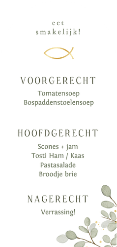 Communie menukaart eucalyptus langwerpige boogvorm Achterkant