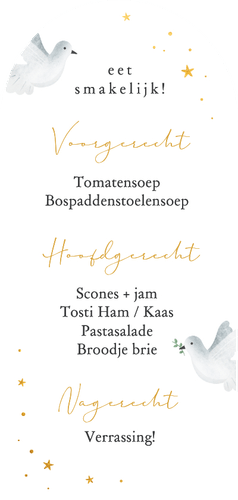 Communie menukaart langwerpige boog met duif Achterkant