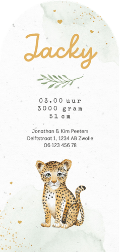 Geboortekaart hoge boogkaart jungle panter dieren waterverf Achterkant
