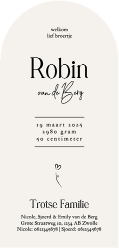 Geboortekaartje broertje boog met lijn illustratie zwart wit Achterkant