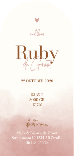 Geboortekaartje hertje boog met strik roze waterverf Achterkant