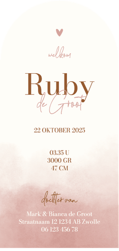 Geboortekaartje hertje boog met strik roze waterverf Achterkant